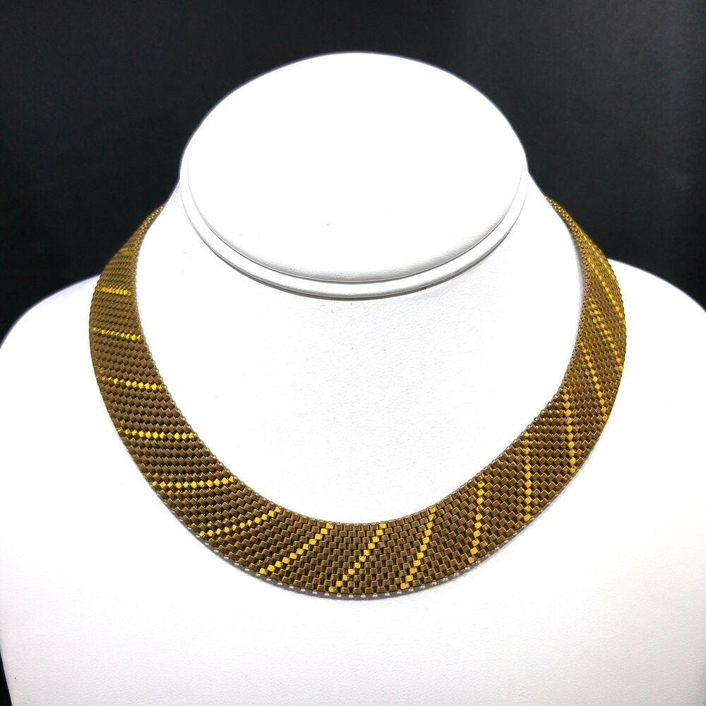 Vintage 1930s Art Deco Mesh Brass Choker Necklace Yellow Enamel Geometric